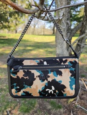 COACH Nolita Leaf Print Purse Calf Hair Teal Walnut Chain Wristlet 58412